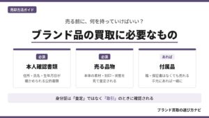 ブランド品の買取に必要なもの。必須は本人確認書類と売る品物、付属品はあれば一緒に持参することを示した図解