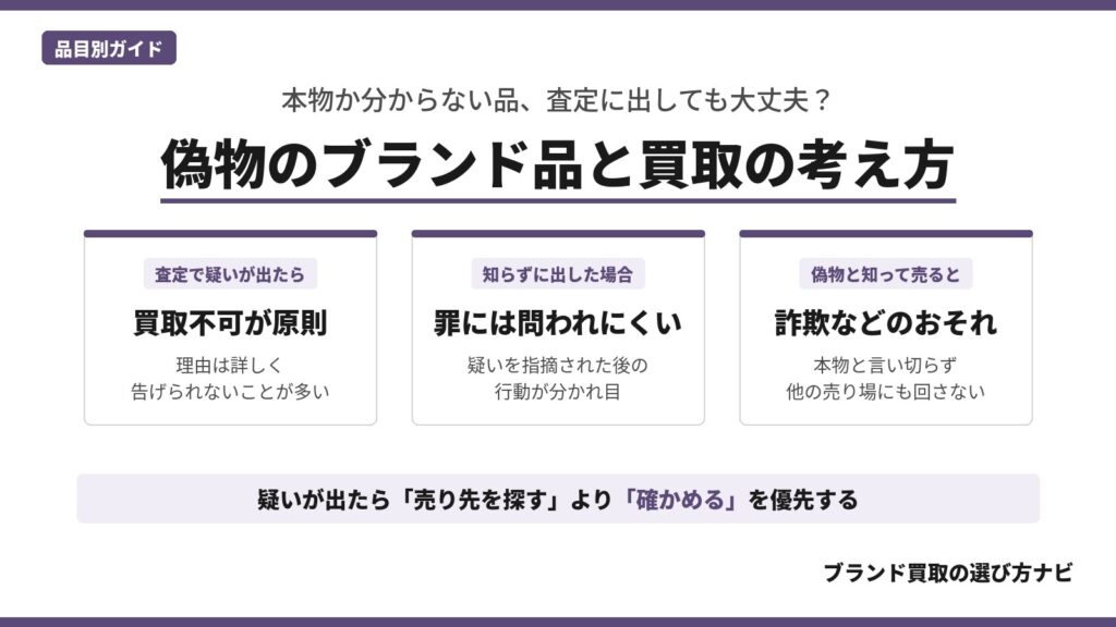 偽物のブランド品と買取の考え方。偽物と判断された品は買取不可が原則で、知らずに査定に出した場合と偽物と知って売る場合の違いを示した図解