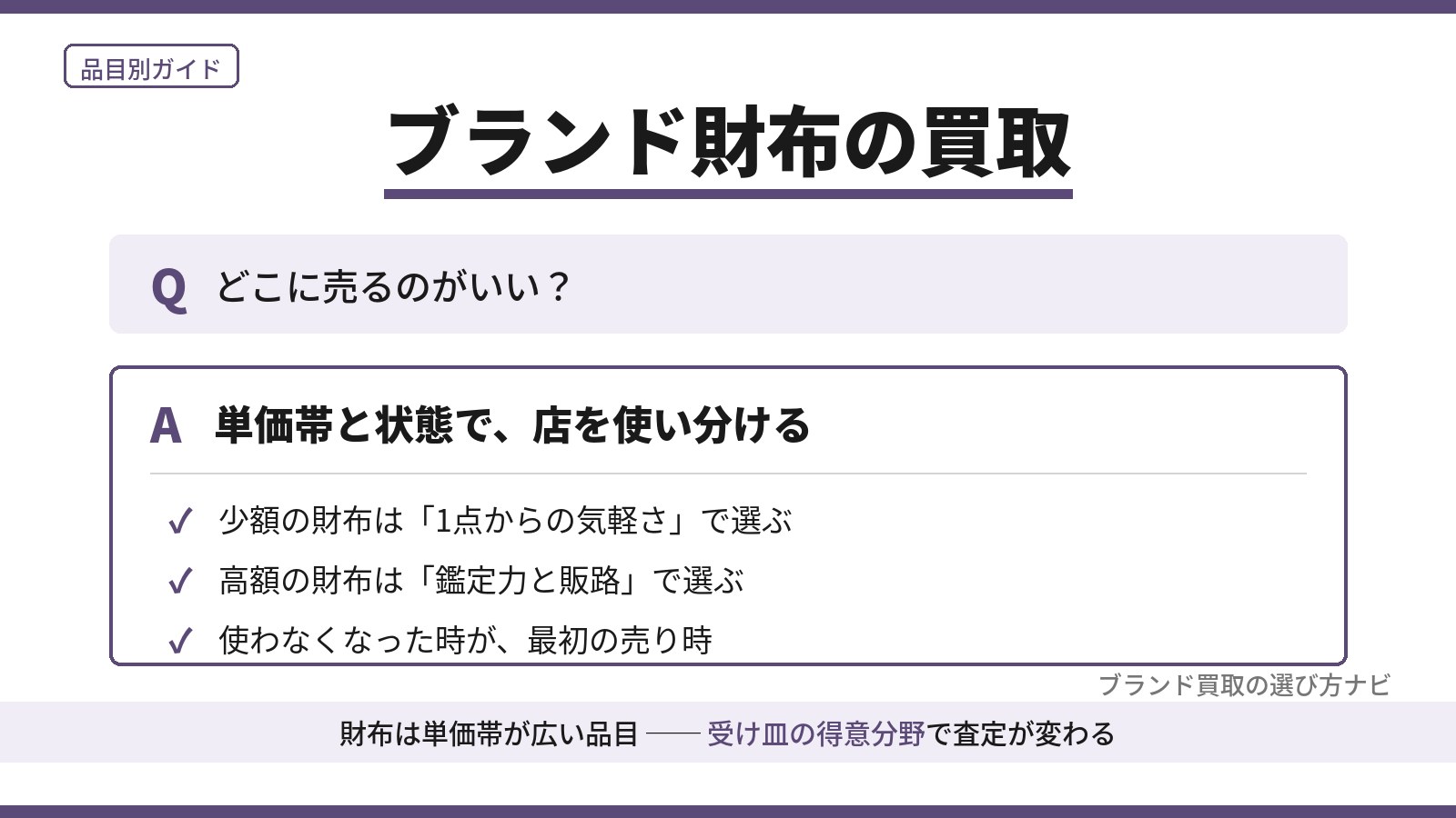 ブランド財布の買取はどこがいい?単価帯と状態で店を使い分ける選び方を、少額の気軽さ・高額の鑑定力・売り時の3つの観点で図解|ブランド買取の選び方ナビ