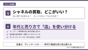 シャネルの買取はどこがいい？年代と売り方で店を使い分けるという結論と、ヴィンテージ再評価・海外相場・付属品の扱いの3つの根拠を整理した解説図