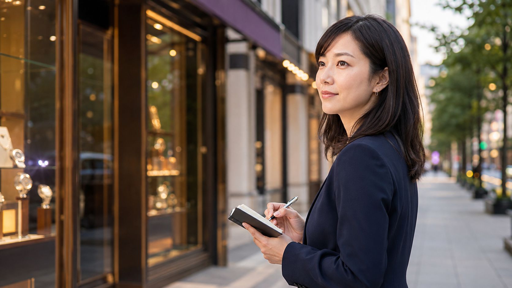 経済ジャーナリスト 藤井舞子がブランド店の並ぶ駅前商業エリアを取材する様子