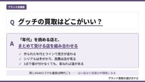 グッチ買取のおすすめ買取店を目的別に整理した解説図。年代とラインの見方、シリアルと真贋の扱い、値の付きにくい品のまとめ売りのポイントをQ&A形式で示す（ブランド買取の選び方ナビ）