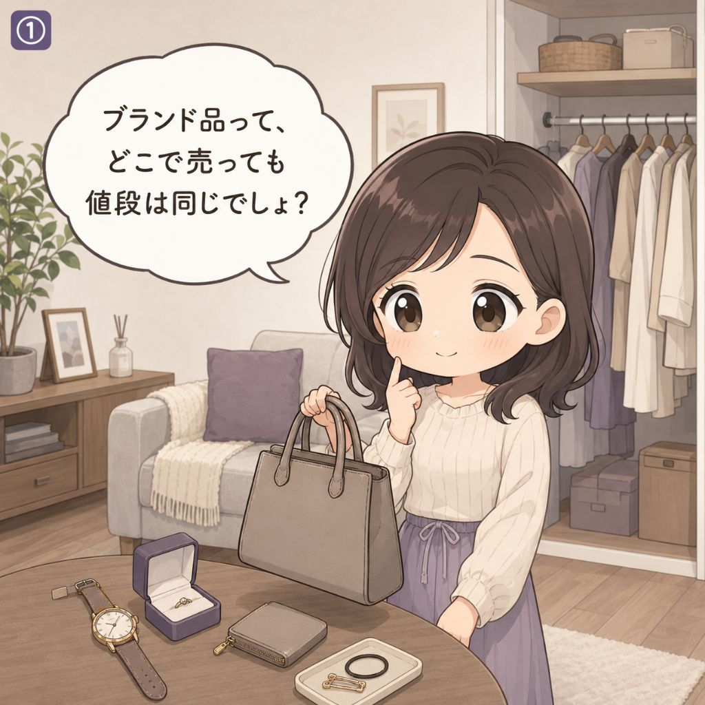 ブランド買取でよくある誤解。ブランド品はどこで売っても値段は同じでしょ、とハンドバッグを手に油断する女性。テーブルに時計とジュエリーを並べ、自宅で売却を考え始める導入の場面（1コマ目）
