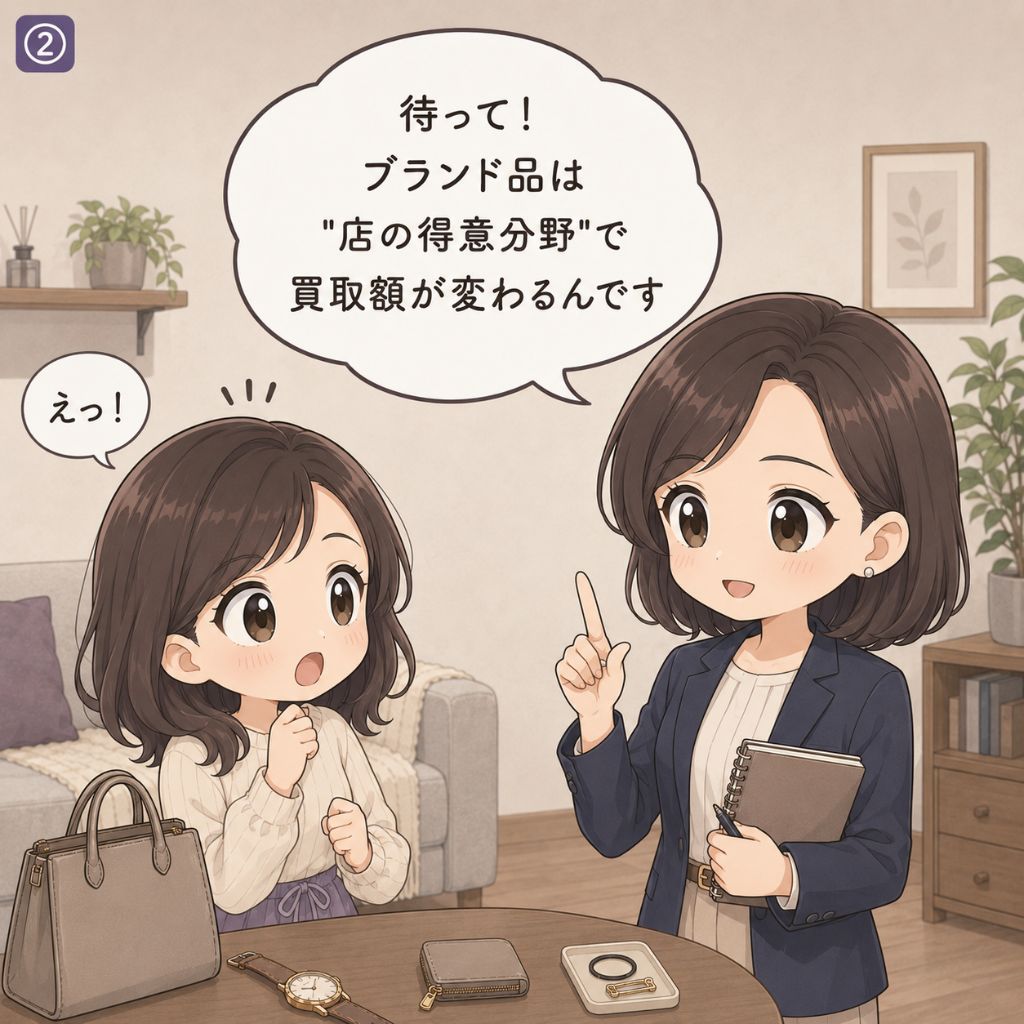 ブランド買取の注意点。ブランド品は店の得意分野で買取額が変わると経済ジャーナリストが人差し指を立てて警告し、えっと驚いた女性が売り急ぎを思いとどまる場面（2コマ目）