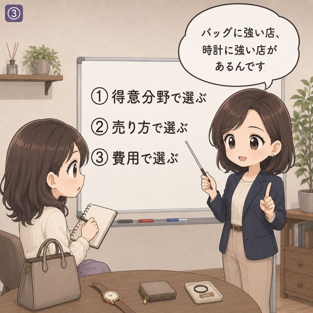 ブランド買取の選び方のポイント。専門家がホワイトボードで『得意分野で選ぶ』『売り方で選ぶ』『費用で選ぶ』の3点を解説し、女性がメモを取りながら聞く場面（3コマ目）