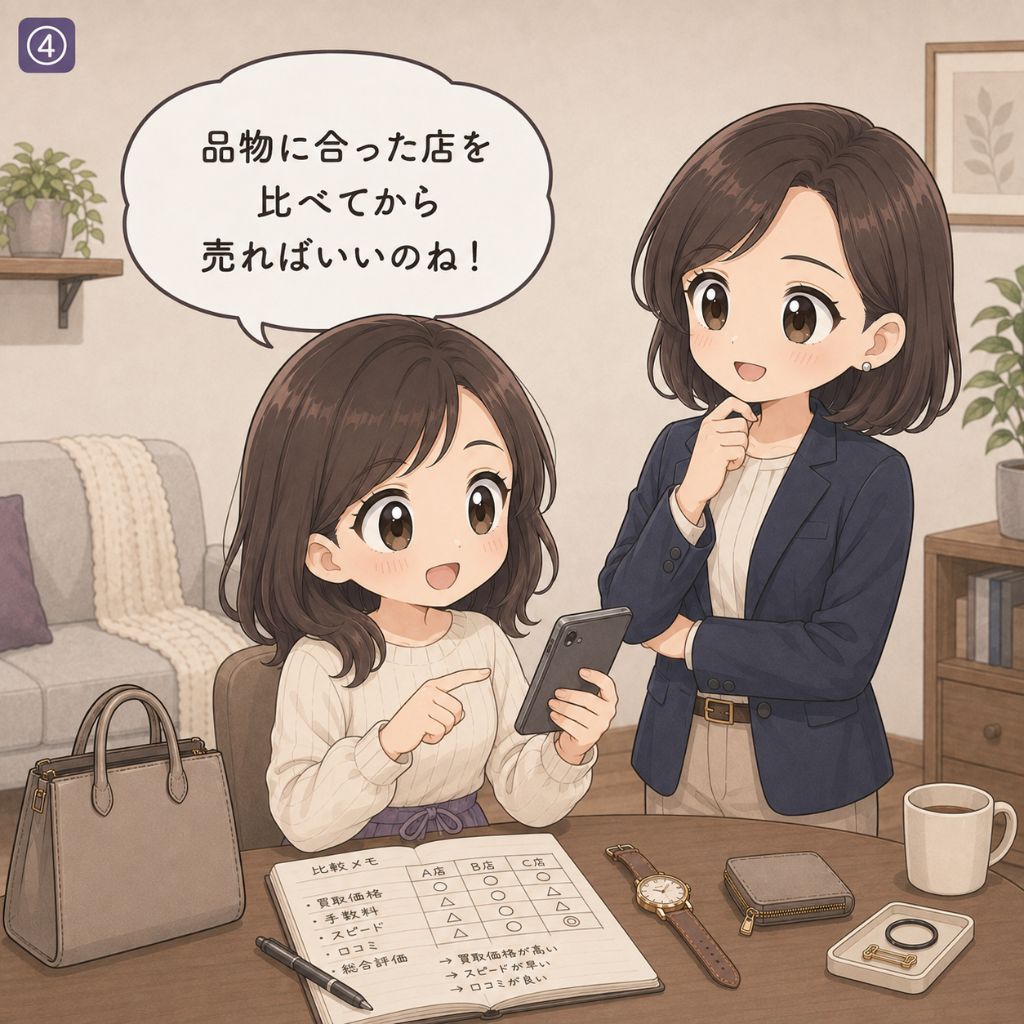 ブランド買取の始め方・対策。品物に合った店を比べてから売ればいいと納得した女性が、明るい表情でスマホとノートを手に買取店の比較を始め、専門家が笑顔で見守る場面（4コマ目）