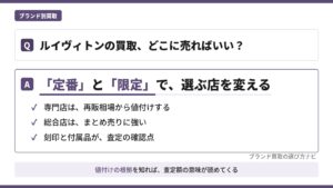 ルイヴィトンの買取はどこがいいかを示す図解。定番と限定で選ぶ店を変え、刻印や付属品を確認して査定額の根拠を読む考え方をまとめたアイキャッチ